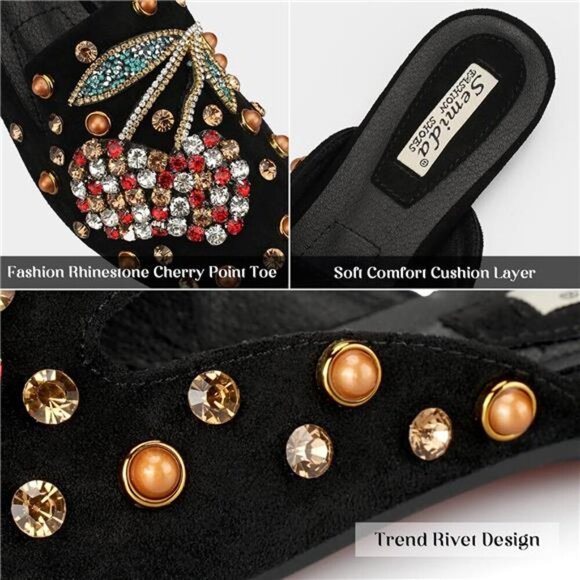 Mules for Women Flats Comfortable Soft Memory Foam Insole Cherry Pointed Rivet - Picture 5 of 9